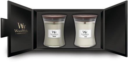 WoodWick Giftset Geurkaars Medium Fireside & Linen - 2 Stuks Wit