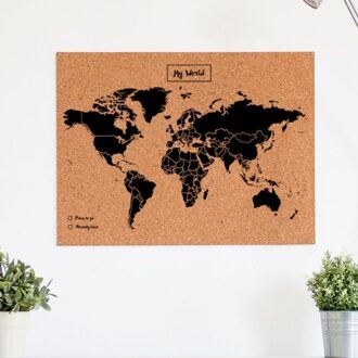 WOODY MAP NATURAL kurken wereldkaart - 60x45cm  (L) - Zwart