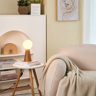 Woody Soul tafellamp, houten voet, glasbol licht hout, opaalwit