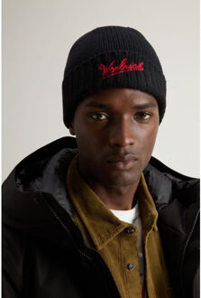 Woolrich Men merino wool logo beanie - maat M Zwart