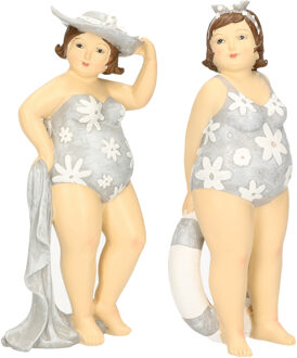 Woonkamer decoratie beeldjes set van 2 dikke dames - blauw badpak