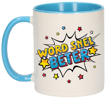 Word snel beter bedank mok / cadeaubeker wit en blauw met sterren 300 ml - feest mokken