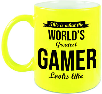 Worlds Greatest Gamer cadeau koffiemok / theebeker neon geel 330 ml - feest mokken