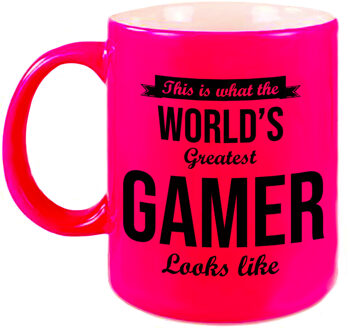 Worlds Greatest Gamer cadeau koffiemok / theebeker neon roze 330 ml - feest mokken