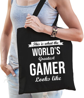 Worlds greatest GAMER kado tasje voor verjaardag zwart voor dames - Feest Boodschappentassen
