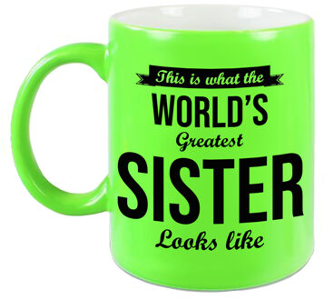 Worlds Greatest Sister cadeau koffiemok / theebeker neon groen 330 ml - feest mokken