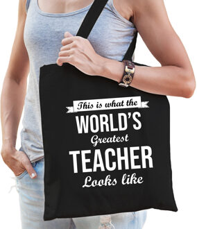 Worlds greatest TEACHER kado tasje voor verjaardag juf zwart voor dames - Feest Boodschappentassen