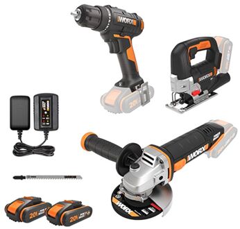 WORX 20v 3-tool Combokit - Haakse Slijper, Decoupeerzaag En Boormachine Set Wx955