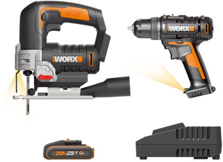 WORX Set Wx100 Draadloze Boormachine-schroevendraaier 20v Wx543 + Draadloze Decoupeerzaag 20v Wx100