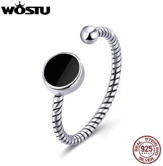 WOSTU 100% 925 Sterling Silver Cool Black Round Open Rings For Women Man Adjustable Ring Christmas Fine Jewelry brincos CSR157