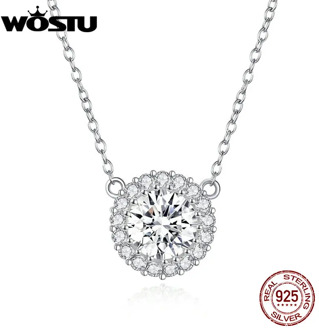 WOSTU 100% 925 Sterling Silver Delicate Zircon Necklaces Round Zircon Pendant For Women Long Chain Link Wedding Jewelry CQN345