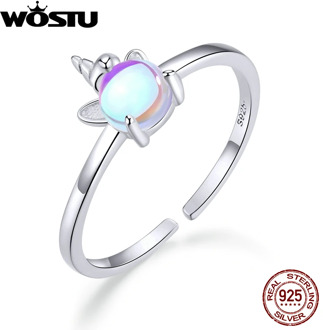 WOSTU 100% 925 Sterling Silver Fancy Unicorn Opal Rings Adjustable Size Finger For Women Wedding Open Ring Silver Jewelry CQR642