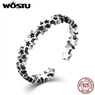 WOSTU 100% 925 Sterling Silver Stackable Stars Open Finger Rings For Women Men Vintage Unisex Ring Fine Jewelry Gift CSR030