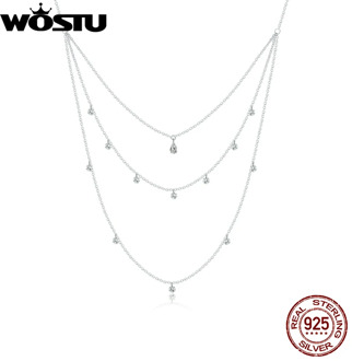 WOSTU 100% 925 Sterling Silver Three-layer Chain Necklace White Zircon For Women Original Design Trendy Jewelry CQN429