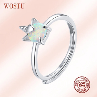 WOSTU 100% 925 Sterling Silver Unicorn Opal Ring Adjustable Size Rings For Women Fingers Wedding Anniversary Jewelry CQR684