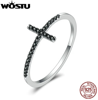 WOSTU 100% Pure 925 Sterling Silver Belief Cross Finger Rings With Black Zirconia Stone For Women Party Gift Jewelry CQR067
