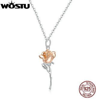 WOSTU 2020 New 925 Sterling Silver Rose Gold Flowerr Necklace Long Chain Silver Necklace For Women Wedding Jewelry Gift CTN190