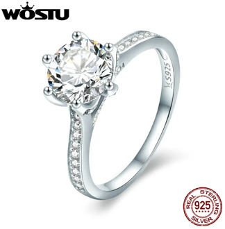 WOSTU 925 Sterling Silver 3 Carat AAAAA Round CZ Finger Ring for Women Luxury Wedding Anniversary Engagement Jewelry Gift CQR342