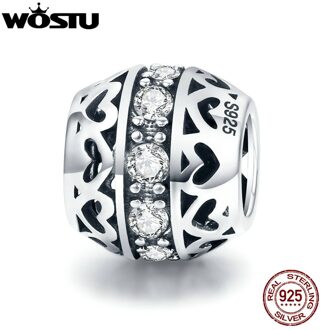 WOSTU 925 Sterling Zilver Stapelbaar Hart Bead Clear CZ Kralen fit Charm Armband Ketting Valentijn Dag CQC523