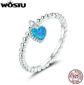 WOSTU Blue Heart Ring 925 Sterling Silver Stackable Translucent Opal Finger Ring For Women Wedding Engagement Jewelry CQR672