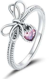 WOSTU Bowknot Ring 100% Original 925 Sterling Silver Pink Heart Bow Rings Fingers For Women Wedding Best Gift Jewelry CQR682