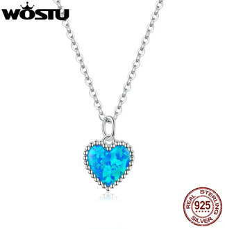 WOSTU Deep Blue Heart Necklace 925 Sterling Silver Opal Long Chain Necklace For Women Romantic Heart Jewelry Gift CQN413