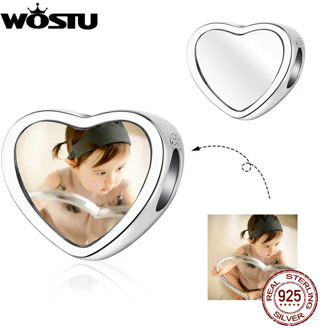 WOSTU DIY Photo Heart Beads Real 925 Sterling Silver Charms Fit Bracelets Pendant Customized Gift Wedding Jewelry Making CTC103