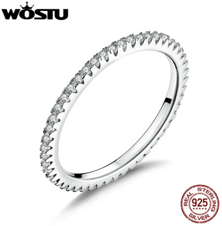 WOSTU Genuine 100% 925 Sterling Silver Geometric Round Clear Crystal Circle Finger Ring For Women Engagement Jewelry Gift CQR066