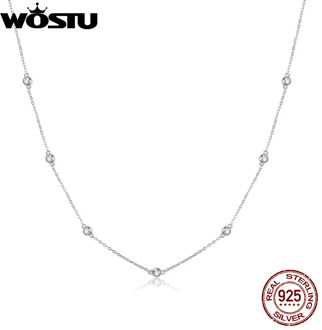 WOSTU Genuine 925 Sterling Silver Bright Zircon Simple Necklace Long Chain Link For Women Wedding Exquisite Jewelry Gift CQN393