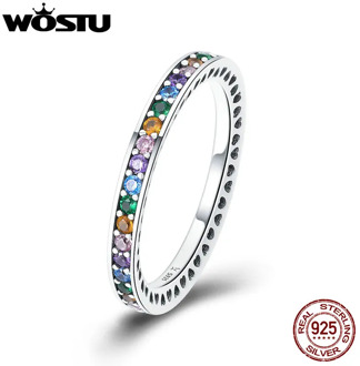 WOSTU Genuine 925 Sterling Silver Rainbow Colorful CZ Stone Finger Rings For Women Luxury Brand Party Silver Jewelry Gift CQR392