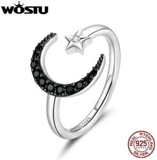 WOSTU Moon & Star Ring 925 Sterling Silver Open Size Black Zircon Adjustable Finger Ring For Women Wedding Jewelry 2020 CTR137