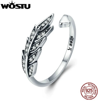 WOSTU NEW 925 Sterling Silver Vintage Style Leaves , Clear CZ Adjustable Rings for Women Fashion S925 Silver Jewelry Gift CQR313