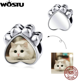 WOSTU Personalized Photo Cute Cat Charm 925 Sterling Silver Fit Original Bracelet Pendant DIY Necklace Unique Jewelry CQC1436