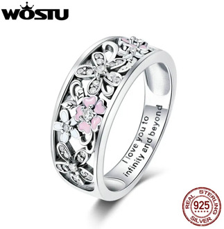WOSTU Real 925 Sterling Silver Sparkling Stackable Flower 4mm Finger Rings For Women Silver Jewelry Party Wedding Gift CQR390