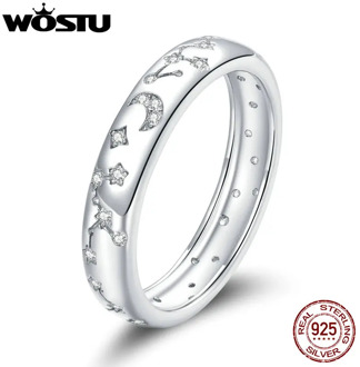 WOSTU Stars & Moon Ring 100% 925 Sterling Silver Sparkling Zircons Original Rings For Women Wedding Fingers S925 Jewelry CTR148