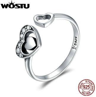 WOSTU Trendy Design 925 Sterling Silver Concomitant Heart Open Rings For Women Fine Jewelry Christmas Gift CQR168