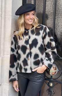Woven Button Bomber Jacket Leopard Choco Bruin