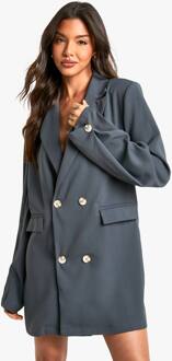 Woven Pocket Front Oversized Blazer Jurk, Charcoal - 36