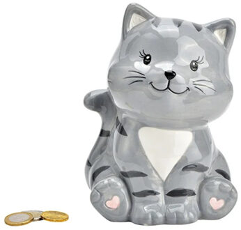 Wurm Spaarpot kat/poes - keramiek - grijs - 16 x 12 x 10 cm - sparen - kinderen