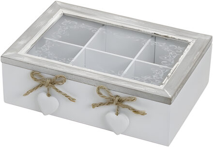 Wurm Theedoos - 6 vaks - grijs/wit - hartjes - 22 x 18 x 17 cm - MDF hout - theebox