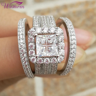 Wuziwen Halo Wedding Ring Set For Women 3Pcs Bold 925 Sterling Silver Engagement Rings Cross Princess Cut Zircon Classic Jewelry