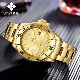 WWOOR Gold Watch Men 2020 Luxury Golden Full Steel Sport Quartz Watches For Men Luminous Waterproof Wrist Watch Box reloj hombre