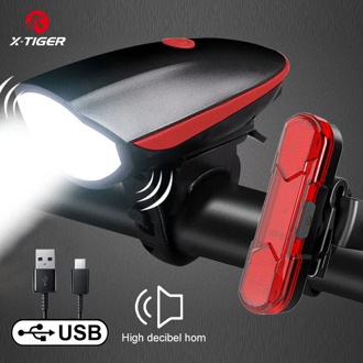 X-TIGER Bike Horn Light Bicycle Lights USB Charging Bike Light Cycling Rainproof LED Headlight With 130dB Electric Horn Bell