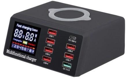 X9 8 Port Wireless USB Charger Quick Charge PD+QC3.0+USB Port Charge Station with LED Display for Phone/Laptop/Tablet