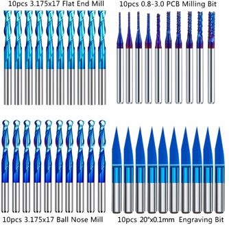 Xcan End Mill Frees 3.175Mm Shank Cnc Router Bit Nano Blue Coated Carbide Graveren Bit Cnc Frezen Gereedschap 40stk Mill Kit