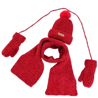 XEONGKVI Koreaanse Chenille Wollen Garen Bal Gebreide Muts Sjaal Handschoenen Set Winter Warm Voegen Pluche driedelig Pak Hoed voor Jongen Meisje Rood