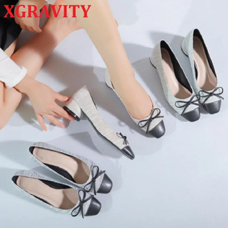 XGRAVITY 2021 European American Spring Heel Pumps Round Heel Mid Heel 3.5cm Women Footwear Ladies Simple Summer Shoes Girls c44