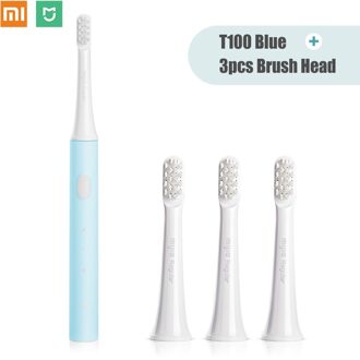 Xiaomi Mijia T100 Sonic Elektrische Tandenborstel Draadloze Usb Oplaadbare Tandenborstel IPX7 Waterdichte Tandenborstel Xiaomi Voor Volwassenen blauw en 3stk hoofd