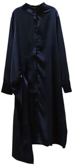 Xitao Asymmetrische Rimpels Casual Vrouwen Jurk Trendy Koreaanse Stijl Stand Kraag Lange Mouwen Single Breasted ZY4416 zwart ZY4416