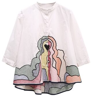 [XITAO] Lente Korea Mode Vrouwen Shirt Casual Losse Stand Kraag Driekwart Mouwen Vesten Cartoon Blouse DLL2634